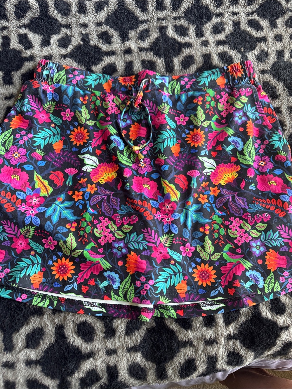 Black Floral Drawstring Skort with Bright Multi-Color Print